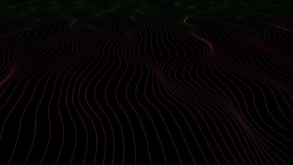 Poster - abstract dark red green wavy looping lines on black background.