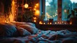 the tranquility of a snug bedroom adorned with fairy lights, casting a gentle and inviting glow