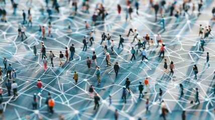 Conceptual image depicting diverse individuals interconnected through digital network lines in a modern social environment.