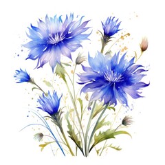 A painting of blue wild flowers cornflower with green stems. The flowers are in a vase and the background is white. hand drawn watercolor