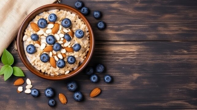 Blueberry and nut topped oatmeal on a rustic backdrop 