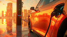 A car is being charged at a charging station in a city. The sun is setting, creating a warm and peaceful atmosphere
