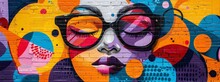 Striking Urban Wall Mural Featuring A Stylized Female Face With Vibrant, Abstract Background Elements.