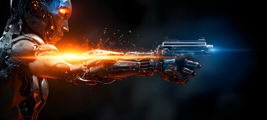 a flaming The beauty human robot shoots a large laser held in both hands, art background 20:9, ai generative