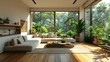 A spacious modern living room, with sleek furniture and green plants accentuating the luxury, large windows casting soft light on the wooden floor