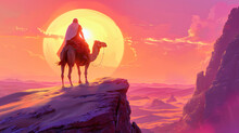 Sunset Over Desert With Camel Silhouettes, Adventure And Travel In Egypt, Illustration Of A Traditional Scene