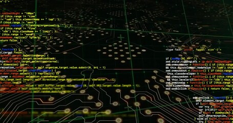 Sticker - Animation of colourful text data processing over circuit board network on black background