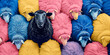 The blak sheep on colorful background. An optimistic concept.