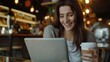 © QuietWord - attractive happy woman smiling while use tablet at cafe, online lifestyle, Generative Ai