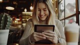 Fototapeta Młodzieżowe - attractive happy woman smiling while use tablet at cafe, online lifestyle, Generative Ai