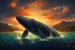 Big blue whale in the ocean fantasy animal illustration