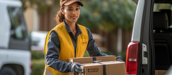 female courier is delivering a package