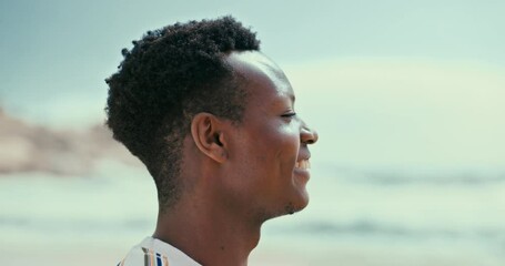 Poster - Laughing, beach and black man with vacation, summer and view with tropical island and thinking. African person, outdoor and seaside with guy and travel with ocean and calm with peace and getaway trip