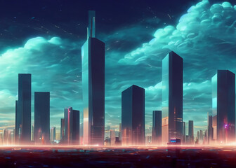 Wall Mural - abstract futuristic modern cityscape skyscaper line at night during sunset created with generative ai technology. High quality illustration