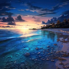 Poster - Seashore at sunset with blue bioluminescent water.