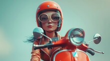 A Beautiful Young Girl Riding A Automatic Classic Retro Moped, 3D Art