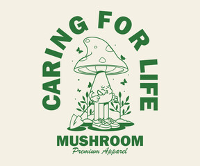 Sticker - Cartoon character mushroom t shirt design, vector graphic, typographic poster or tshirts street wear and Urban style