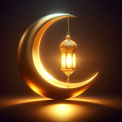 Golden crescent moon with one lanter, arabic holiday design, Ramadan background, Celebrating Ramadan