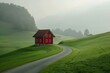 Gran casa rural roja en Suiza, caserón tradicional suizo en el campo, casa roja y hierba verde 