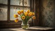 A sunlit bouquet of yellow tulips in a transparent vase placed on a rustic windowsill enhances the charm of a vintage room