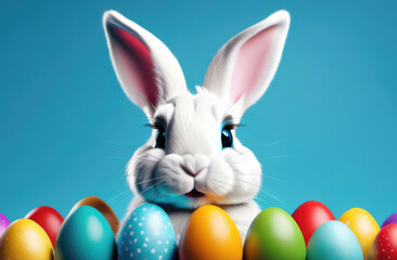 Wall Mural - Cute Easter bunny with colorful easter eggs on blue background. Happy Easter concept