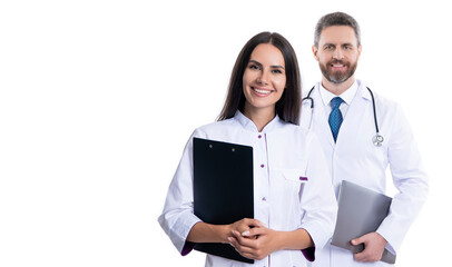 Wall Mural - Health insurance. healthcare and medicine. Medicine doctor hold patient information clipboard. medical and healthcare workers in hospital isolated on white. two doctors internist in medicine service