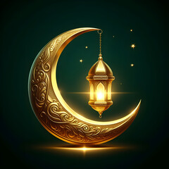 Golden crescent moon with one lanter, arabic holiday design, isolated a dark green background, Celebrating Ramadan, Ramadan Lantern