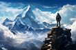 © graphic_circle - Hiker standing on a mountain peak and looking the sky, illustration, ai generated