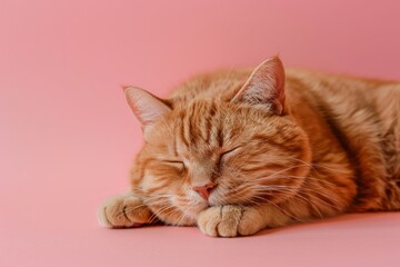 Wall Mural - Ginger cat is sleeping. Fluffy red cat against pink background. Relax calm and peace for animal pet cat