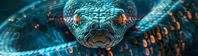 create an art piece featuring a python with powerful laser eyes surrounded by intricate lines of dig