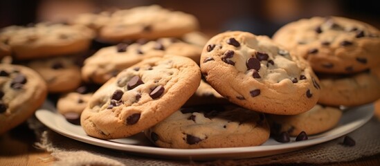 Wall Mural - Scrumptious Plate of Homemade Chocolate Chip Cookies on a Rustic Table Setting