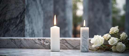 Poster - Tranquil White Candle and Delicate Flowers Adorning a Serene Table Setting