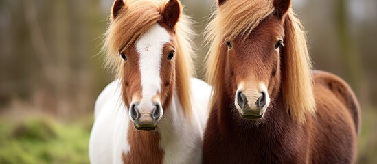 Wall Mural - Majestic Duo: Two Graceful Horses Grazing in a Verdant Meadow Under the Clear Sky