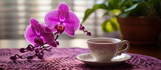 Poster - Serene Moment: Elegant Cup and Saucer Resting on Wooden Table in a Quiet Setting