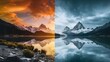 Panoramic view of a mountain lake at sunset. Dramatic sky with clouds reflected in the water.