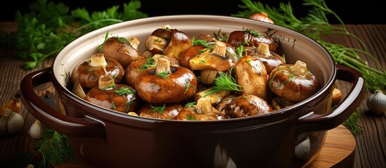 Wall Mural - Rustic Pot of Fresh Mushrooms and Herbal Seasonings on Natural Wooden Table