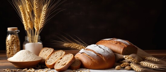 Sticker - Rustic Breakfast Setting with Freshly Baked Bread, Wheat, and a Glass of Milk