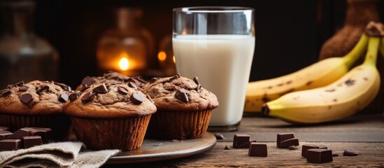 Poster - Indulgent Treat: Tempting Plate of Chocolate Muffins with Side of Fresh Milk for a Sweet Snack