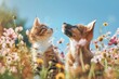 Kitten and puppy looking upward sitting among flowers. Friendship concept. Cute pets. Design for banner, poster. Spring and springtime beauty