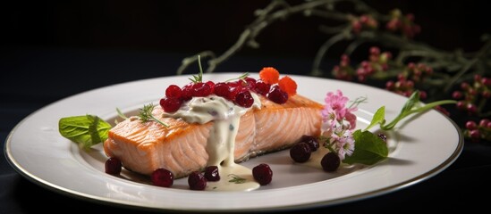 Sticker - Artistically Arranged Plate Featuring Fresh Salmon and Vibrant Berries on White Background