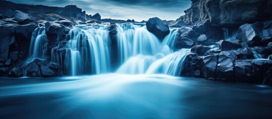 Sticker - Serene Cascade: Majestic Waterfall Flows Down Rocky Mountain Slope in Untouched Nature