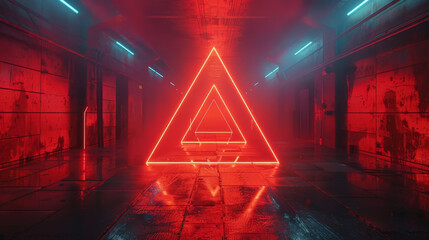 Canvas Print - A vibrant red neon double triangle creates a compelling futuristic corridor.