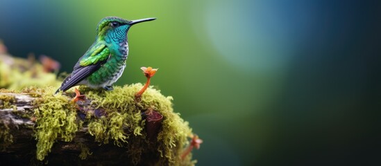 Poster - Beautiful Tiny Bird Perched on Vibrant Mossy Branch in Enchanting Forest Setting