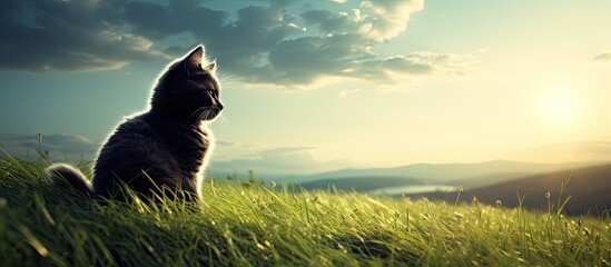 Poster - Curious Cat Observing the Infinite Beauty of the Sky While Sitting in Lush Green Grass