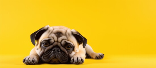 Sticker - Loyal Puppy Resting Peacefully on a Vibrant Yellow Surface in Soft Natural Light