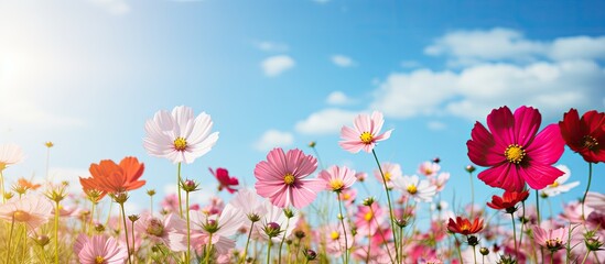 Wall Mural - Vibrant Meadow Blanketed with Colorful Wildflowers Under a Clear Blue Sky