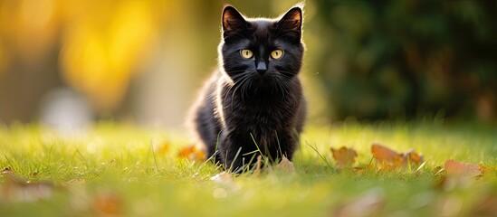 Wall Mural - Majestic Black Cat Enjoying Nature While Sitting in Lush Green Grass