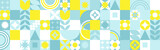 Fototapeta Abstrakcje - Seamless geometric summer background from flowers ornament, bright textiles and wallpaper. Daisies and bells in yellow and blue sunny shades for packaging goods and gifts.