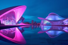 Pink Illuminated Buildings Reflecting In A Pink Pool A Stunning Sight For The Month Of Love Generative AI