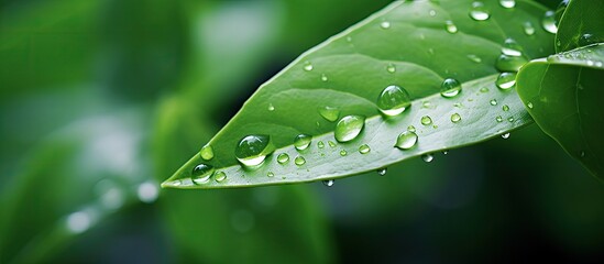 Poster - Vibrant Green Leaf Covered in Glistening Water Droplets, Symbolizing Freshness and Renewal